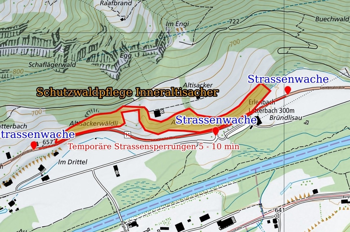 Schutzwaldprojekt Inneraltisacher Erlenbach Zwischen Latterbach und Bründlisau wird es zu temporären Sperrungen wegen der Waldarbeiten kommen.